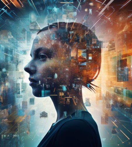 a young woman surrounded by digital art
