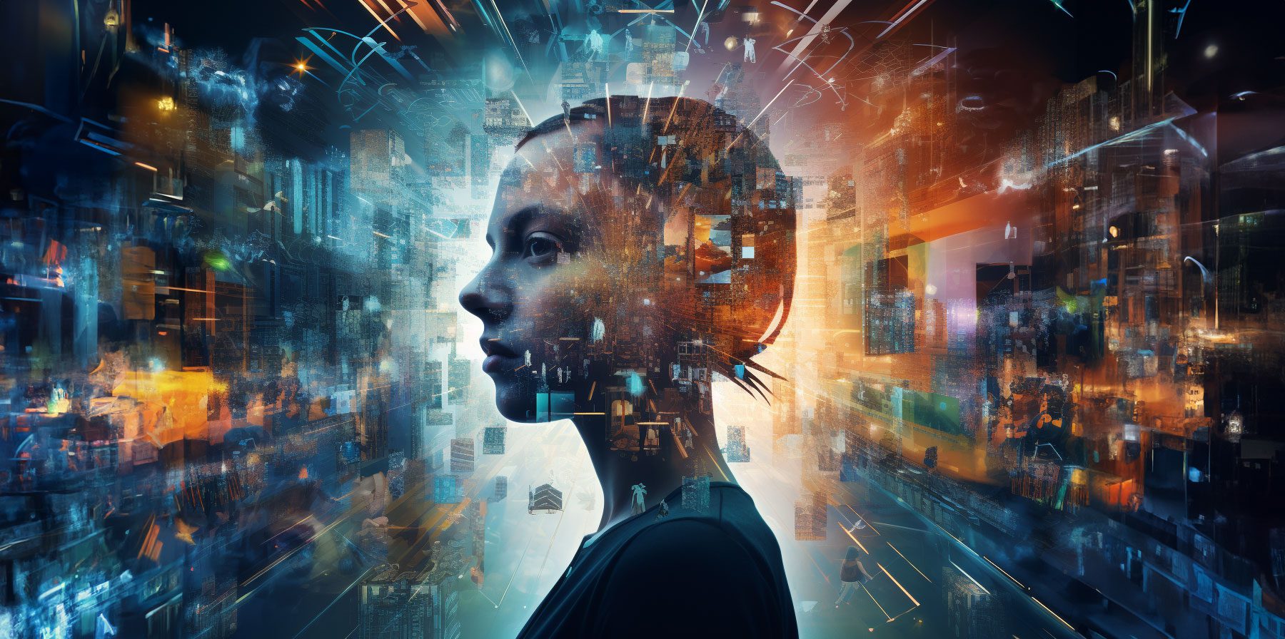 a young woman surrounded by digital art